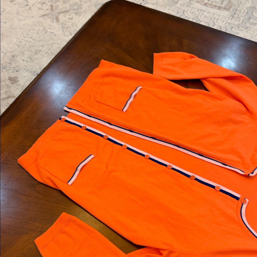 Talbots Orange Cardigan with Navy and White Trim - Picture 3 of 10
